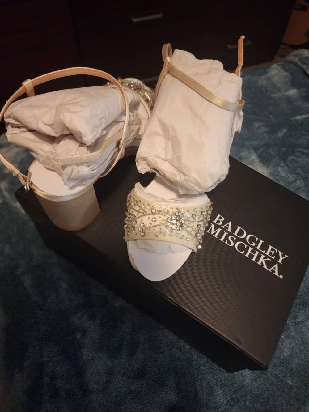 Badgley Mischka Champagne Crystal-Embellished Ankle-Strap Heels